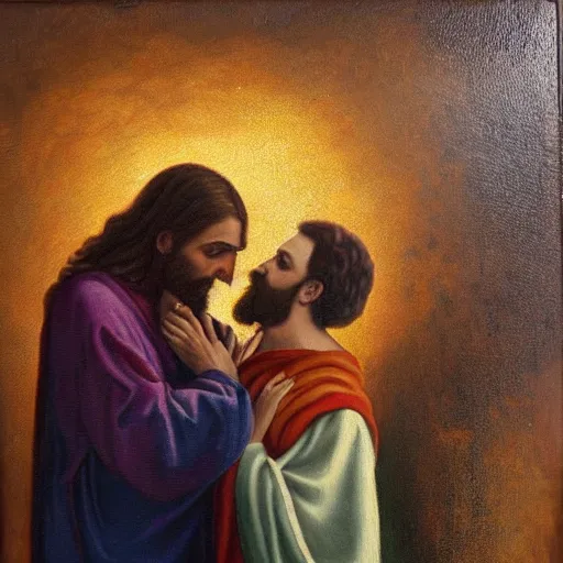 Image similar to 1 8 th oil panting of a jesus kissing a woman