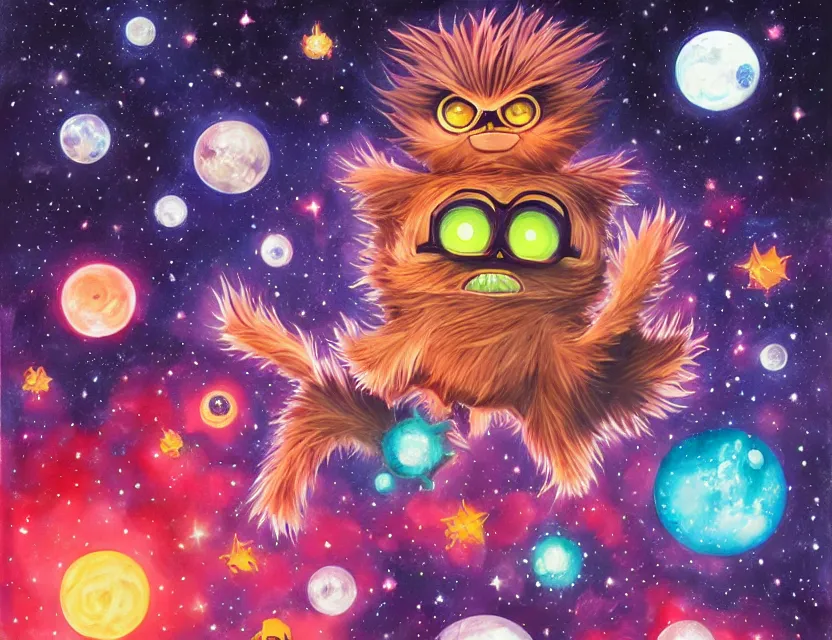 Prompt: interdimensional furby ruling over celestial bodies. this gouache painting by the award - winning mangaka has dramatic lighting, an interesting color scheme and intricate details.