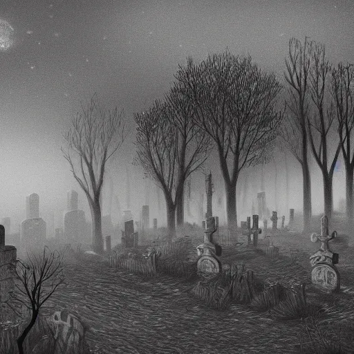 Image similar to an endless eerie graveyard with ancient tombstones, misty, strands of fog, catacomb in background, frame is flanked by dark trees, creepy, night, finely detailed extremely realistic black and white pencil drawing