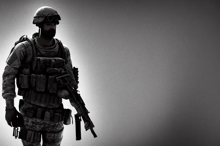 Prompt: still photo of modern warfare soldier looking at the camera in a battlefield, black and white color aesthetic, highly detailed, photorealistic portrait, bright studio setting, studio lighting, crisp quality and light reflections, unreal engine 5 quality render