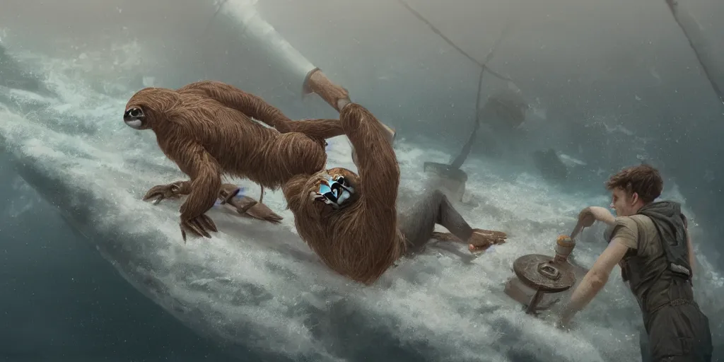 Prompt: Jack is drawing Rose who is a Sloth, titanic screenshot, Greg Rutkowski, Darek Zabrocki, Karlkka, Jayison Devadas, Phuoc Quan, trending on Artstation, 8K, ultra wide angle, pincushion lens effect.