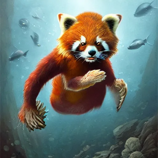 Image similar to commissioned portrait of a furry anthro female red panda scuba diving underwater, painted todd lockwood, jeff easley, greg rutkowski, james gurney, artgerm, digital art, trending on artstation