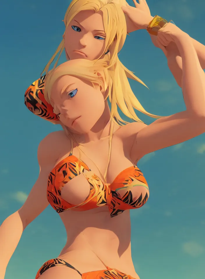 Image similar to beautiful blond woman in orange tribal bikini, blond hair pulled back off the face, green eyes, by makoto shinkai, 8 k, high resolution render, cinematic, unreal engine, clean lineart and flat color,