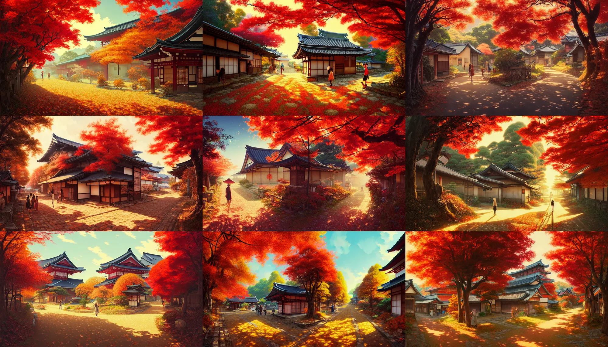 Prompt: japanese rural town, autumn, path traced, highly detailed, high quality, digital painting, alena aenami, lilia alvarado, shinji aramaki, karol bak, alphonse mucha, tom bagshaw