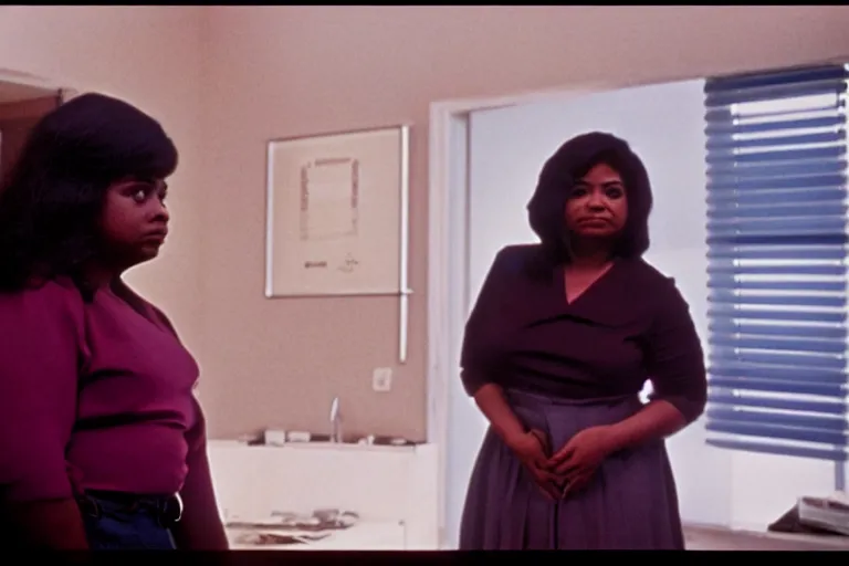 Image similar to cinematic shot from a 1 9 8 5 paranoid thriller, screenshot of octavia spencer removes a small hearing device with tweezers from her left ear, apartment set in the near future, film directed by stanley kubrick, anamorphic lenses, color theory, apartment design, leading lines, photorealistic, volumetric lighting