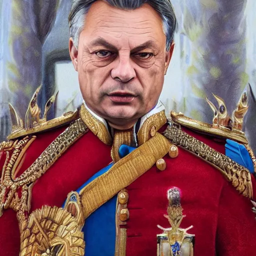 Image similar to an extremely realistic portrait depicting the coronation of viktor orban dressed in royal national costume, on the frozen danube, detailed, intricate, elegant, highly detailed, hyper realistic face, digital painting, artstation, concept art, smooth, sharp focus, illustration,