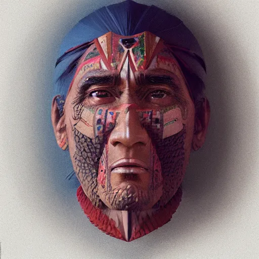 Image similar to abstract 3d portrait Native American in his traditional clothes age 40 by james jean and Jason Chan, rendering, redshift, octane