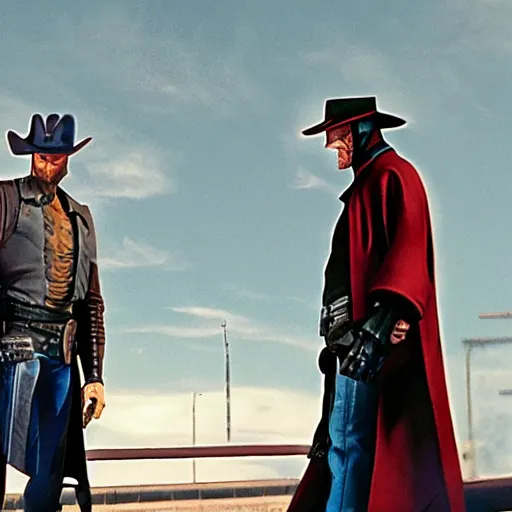 Image similar to duel between cad bane and clint eastwood on the vallecas bridge