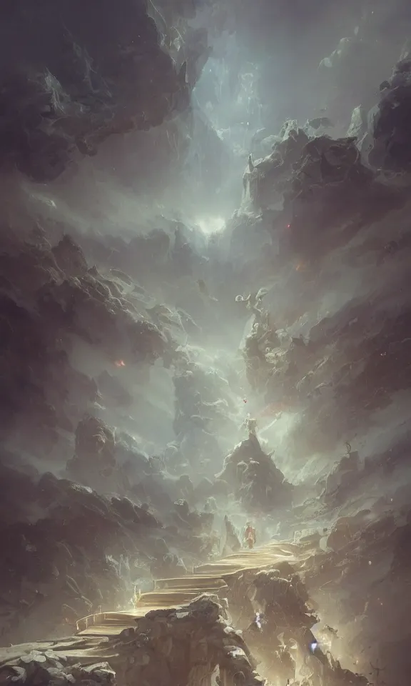 Image similar to endless stairs to universe, sky full of clouds, art by greg rutkowski and peter mohrbacher, featured in artstation, octane render, cinematic, elegant, intricate, ultra detailed, rule of thirds, professional lighting, unreal engine, fantasy, concept art, sharp focus, illustration, 8 k