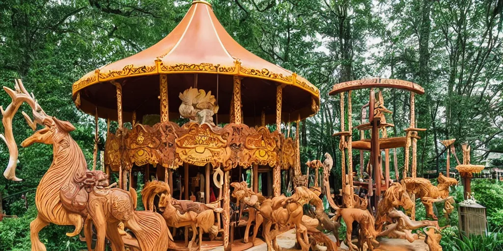 Image similar to a carousel with elaborately carved wooden figures of animals, beachwood, treehouse, secret garden, hedgemaze