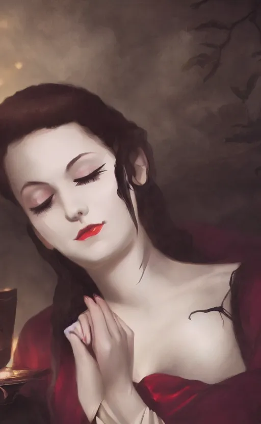 Prompt: a beautiful lady vampire falling asleep at a table, cinematic, art, epic, digital masterpiece, romantic lighting