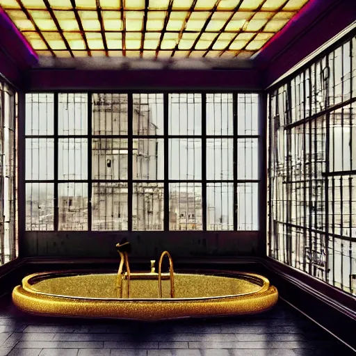 Image similar to wide angle photo of 60‘s great lounge baths interior from eyes wide shut, with golden intricate details and subtle lights, neon-decorated urban on night in the city seen through the windows,modern interior design, architectural design, vintage, night blade runner, dark, postapocalyptic, clean lines, 4k, octane, colorful ,lunarcore city seen at distance outside, big windows,octane, wide angle