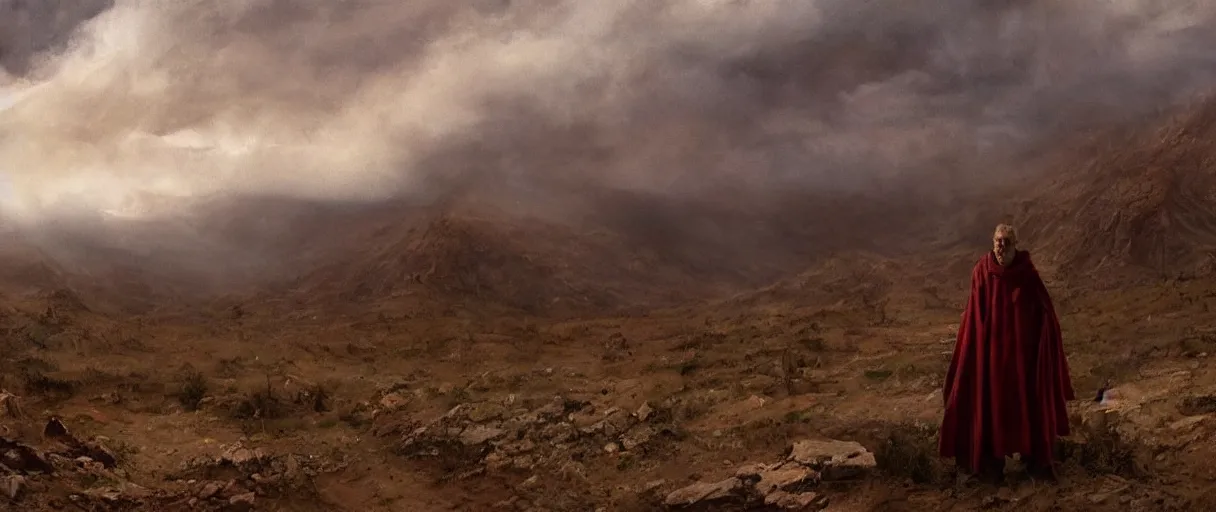 Prompt: the end is near. a tired and exhausted julius caesar somewhere in the atlas mountains. face is highly detailed. splices of red are running down his toga. mist. the soil is red. strong winds. dramatic sky. low angle wide shot. atmospheric. global illumination. concept art. imagined by jeremy lipking, greg rutkowski and eddie mendoza.