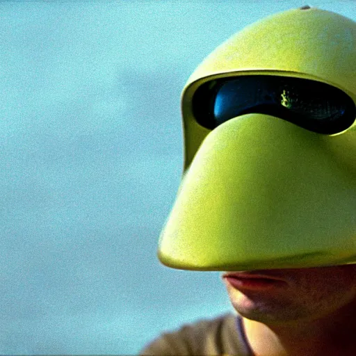 Image similar to a knight wearing a frog helmet, film still, arriflex 3 5