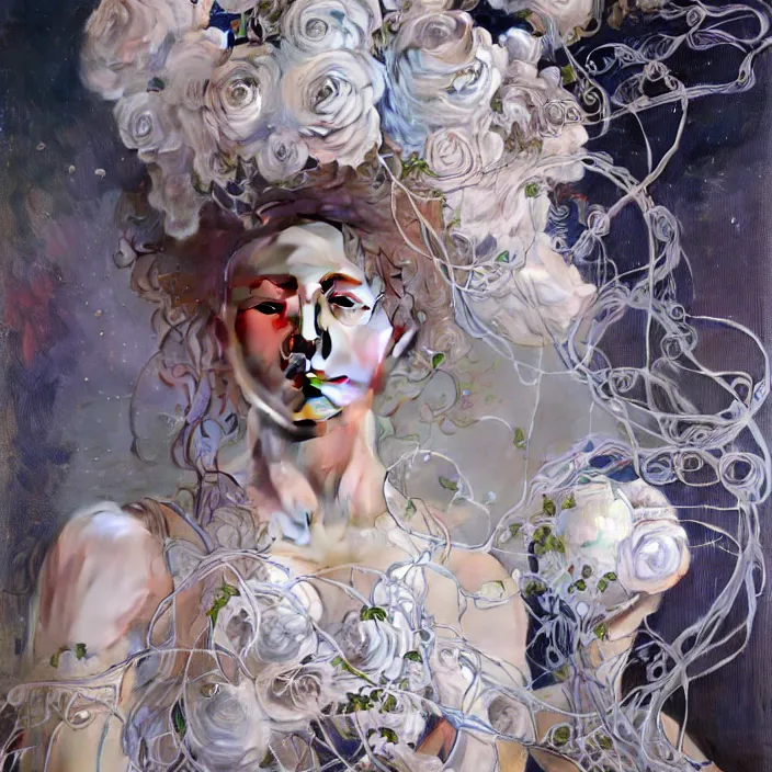 Image similar to hyperrealist portrait of a 2 0 4 4 space sport engineer, it is decorated with long wires and white roses that fall like vines and wears a huge computer crown. by jeremy mann and alphonse mucha, fantasy art, photo realistic, dynamic lighting, artstation, poster, volumetric lighting, very detailed faces, 4 k, award winning