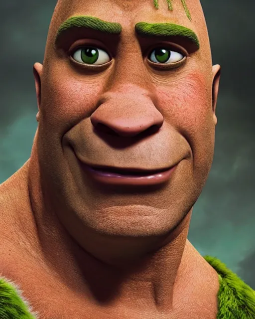 Image similar to film still close up shot of dwayne johnson as shrek from the movie shrek the third. photographic, photography