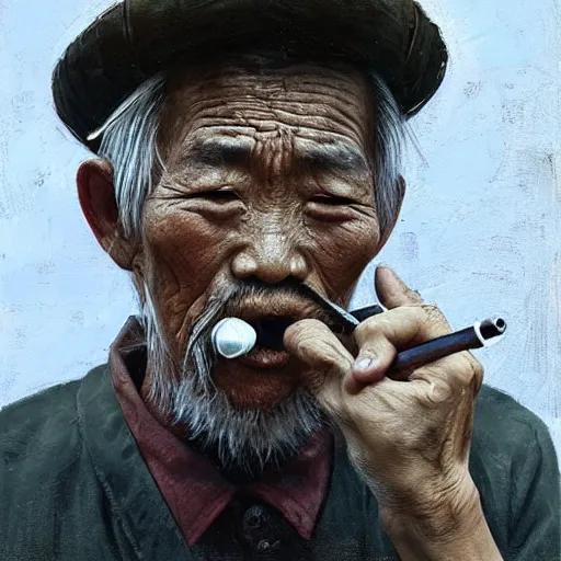 Image similar to a sad old chinese man with his pipe in his mouth, high quality, high resolution,detailed, oil painting by wlop