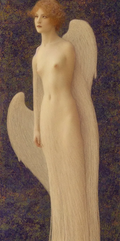 Prompt: Say who is this with silver hair so Wan and thin? Adorable feminine angel in the style of Jean Delville, Lucien Lévy-Dhurmer, Fernand Keller, Fernand Khnopff, oil on canvas, 1921, 4K resolution, aesthetic, mystery