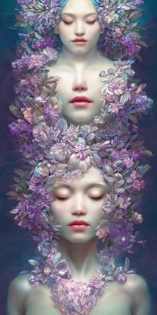 Image similar to breathtaking detailed concept art painting art deco portrait of gaea the goddess amalgamation flowers made of crystals, by hsiao - ron cheng, bizarre compositions, exquisite detail, extremely moody lighting, 8 k