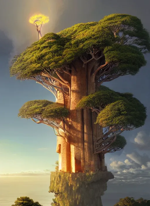 Prompt: a modern treehouse made on the side of a cliff in madagascar, baobab tree, an enormous smoky volcano in the background, artstation, an epic fantasy, cinematic lighting, hyper realistic, photographic, sharp focus, by greg rutkowski and wolp