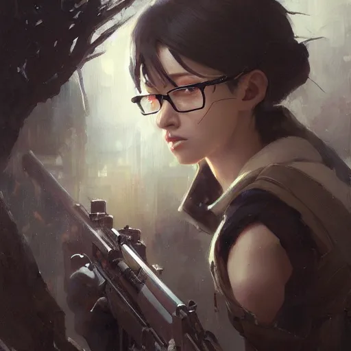 Prompt: anime woman, glasses, sniper rifle, intricate oil painting by greg rutkowski, trending on artstation