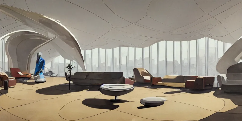 Prompt: a beautiful illustration of futuristic interior hall, lots of furniture, sofa, waiting room, big medium small, sacred geometry, golden ratio, in watercolor gouache detailed paintings, in style of syd mead, trending on artstation,8k, panel, hard surface, vent, zaha hadid, props, plant, cozy,decoration around the room, simon stalenhag, deus ex