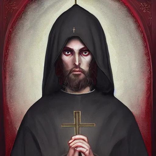 Image similar to portrait painting of a handsome Catholic priest with red eyes, dark, intricate details, highly detailed, concept art, trending on artstation, award-winning. Art by Loran DeSore and Merwild