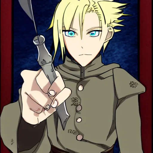 Prompt: young blonde boy fantasy thief in a tavern, full metal alchemist, anime style