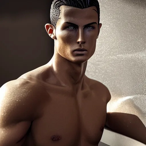 Image similar to a realistic detailed photo of a guy who is an attractive humanoid who is half robot and half humanoid, who is a male android, soccer player cristiano ronaldo, shiny skin, posing like a statue, blank stare, by the pool, on display, showing off his muscles, humanoid robot, gold soccer shorts