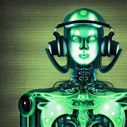 Image similar to sci-fi mechanical exploding pulsating human green heart of a 14yo boy, clockwork mechanical, sci-fi jewellery, hyper realistic, human anatomy, robot, listening to music through headphones, background is a green cotton surgical sheet