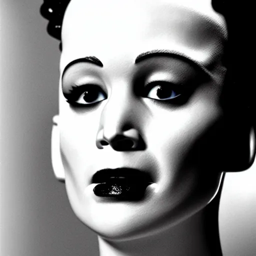 Image similar to close up detail of the face of jennifer lawrence as the bride of frankenstein, relistic,