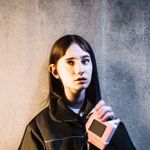 Image similar to photograph of a techwear mixed young woman inside a hidden busy speakeasy, closeup, brutalist design, sigma 85mm f/1.4, 4k, depth of field, high resolution, 4k, 8k, hd, full color