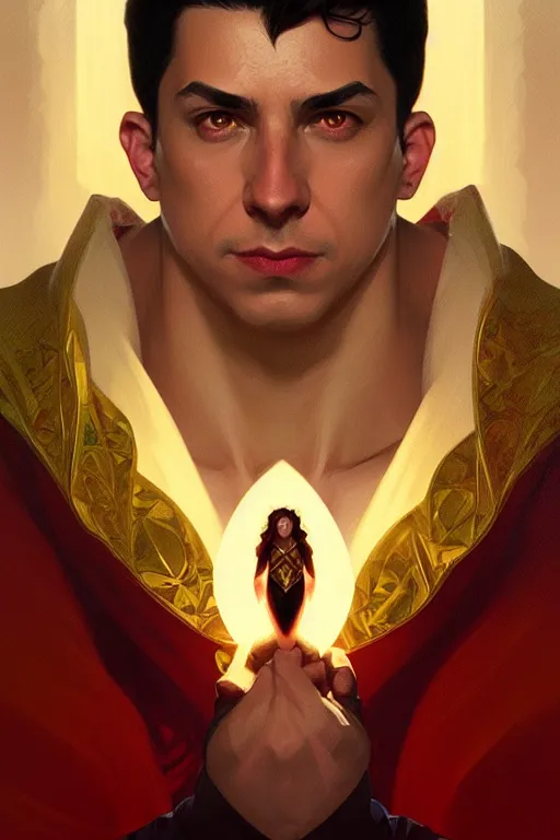 Image similar to a portrait of shazam, fantasy, sharp focus, intricate, elegant, digital painting, artstation, matte, highly detailed, concept art, illustration, ambient lighting, art by ilya kuvshinov, artgerm, alphonse mucha, and greg rutkowski