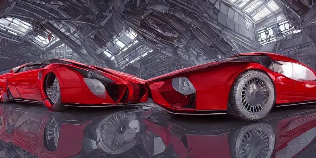 Image similar to kama russian electrocar, inside futuristic hangar, red car, sharp focus, ultra realistic, ultra high pixel detail, cinematic, intricate, cinematic light, concept art, illustration, art station, unreal engine 8 k