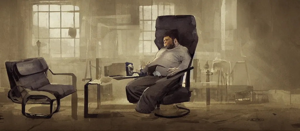 Prompt: fat with glases sitting in a chair to get upload to computer, uploaded, scifi machine, very detailed, award winner on deviantart by geg rutkowski, by madgwick
