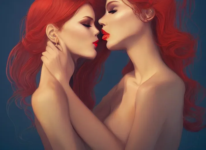 Image similar to woman love woman, sweet hugs, gold trim, atmoshperic, elegant, sharp focus, sand sea, red sun, huge lips, by kardie art ♥, trending on artstation, intricate details