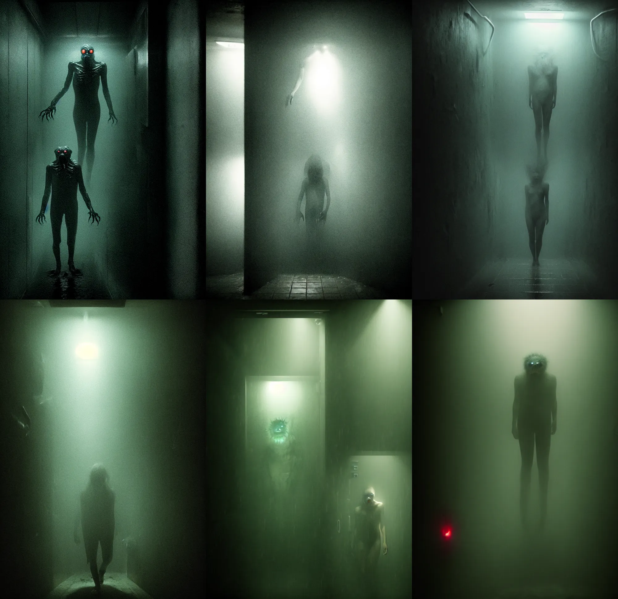 Prompt: in the dark elevator, a full body wet skin creature with glowing eyes, crawling humanoid monsters, smile face,, fog, octane rendering, cinematic light. medium shot, 2 4 mm, david fincher, james wan, gritty, moody, eerie, dark artslabcoats, sci - fi equipment, saliva, membrane pregnancy sac, respiratory flap, super realism, claws