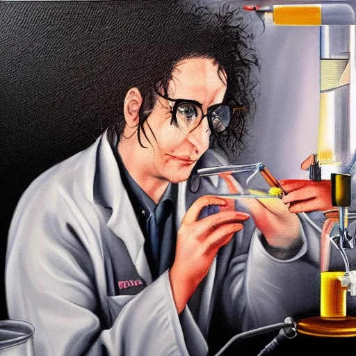 Prompt: a scientist discovered in his laboratory the cure for cancer. digital art. oil in painting.