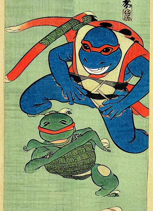 Image similar to a ninja turtle as a yokai illustrated by kawanabe kyosai and toriyama sekien