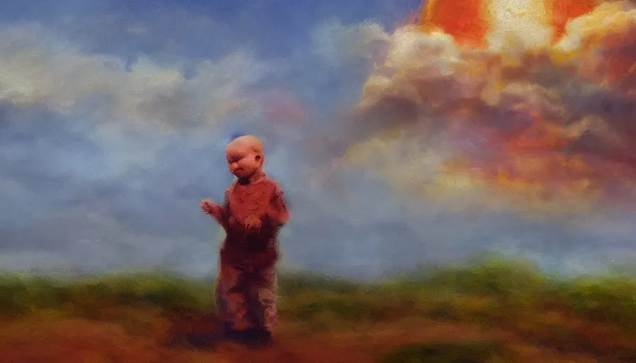 Image similar to a man placed a baby and looked under the burning clouds in the sky. 4 k rendering, impressionist painting style