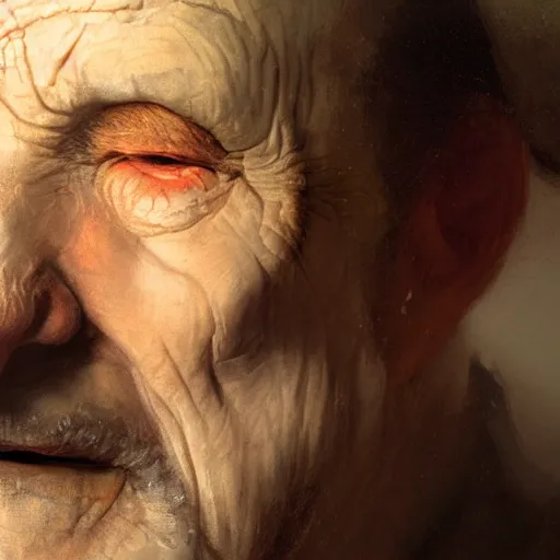 Prompt: an old man with a scary intense fleshy hole in the middle of his face, hole in his head, hole in his face, centered and symmetrical, digital painting by Rembrandt and Thomas Kinkade and Greg Rutkowski, 4k wallpaper, realistic, detailed facial features