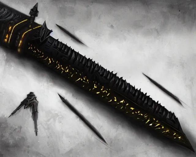 Image similar to legendary glowing sword of cybernetic technology on a table, digital award winning hd matte painting, intimate dark moody, intricate, long sharp black and iridescent blade, ornate spikes, colorful hilt, detailed realistic, raytraced blade, colored gems, golden pommel, in the style of greg rutkowski and krenz cushart, trending on artstation and deviantart