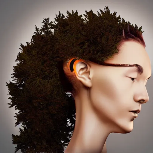 Image similar to A female cyborg head facing towards the right with flowing hair that looks like a bonsai tree