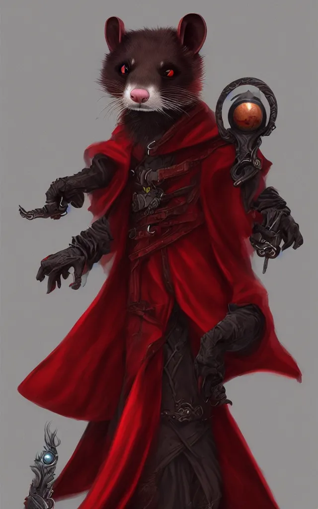 Image similar to a anthropomorphic ferret is a dark warlock dressed red robes, he's very menacing and evil, hyperdetailed, artstation, cgsociety, 8 k