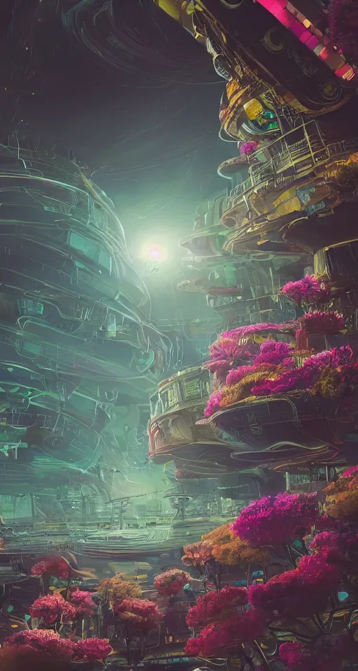 Image similar to beautiful low angle painting of an alien world with sleek architecture, steampunk, ground made of multicolour flowers, neon lights, a tiny girl watching on, in the style of junji ito, elegant, highly detailed, digital painting, artstation, cinematic lighting, glowing light and shadows, trending on artstation, octane render