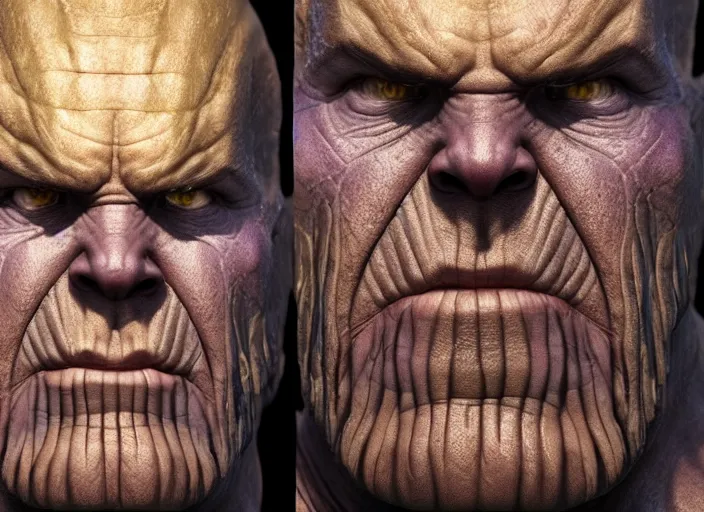 Image similar to thanos, au naturel, hyper detailed, digital art, trending in artstation, cinematic lighting, studio quality, smooth render, unreal engine 5 rendered, octane rendered, art style by klimt and nixeu and ian sprigger and wlop and krenz cushart