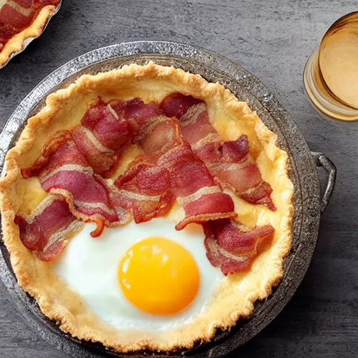 Image similar to fat tabby cat eating a bacon and egg pie