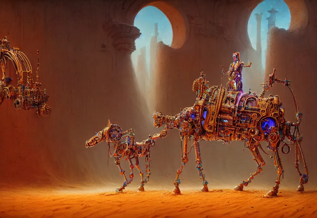 Image similar to A closeup human in arabian vestments performs a vivid magical ritual to resurrect a mechanical horse inside a ancient steel ruins are covered with barchans of sand. Art by Finnian MacManus, Simon Stalenhag. Masterpiece, fantasy art, cinematic, hyperdetailed, photorealistic, steampunk, hyperrealism, octane render, 8k