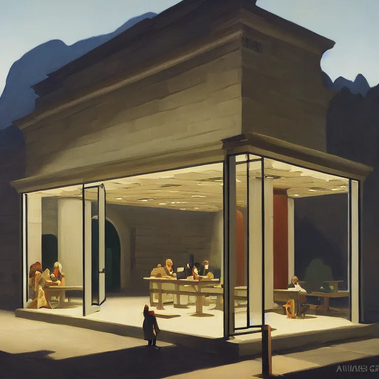 Image similar to apple store in Middle Earth Lord of the Rings, painted by Edward Hopper, painted by James Gilleard, airbrush