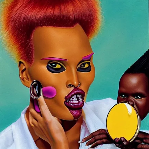 Image similar to beautiful lifelike painting of grace jones feeding her bioenhanced tamagotchi child, hyperreal detailed facial features and uv lighting, art by ed roth and basil wolverton